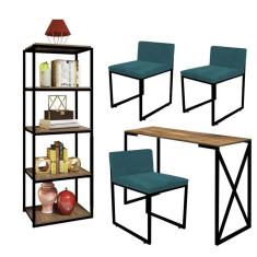 Imagem de Kit Escritório Bex 3 Cadeiras Suede Azul Turquesa com 1 Mesa e 1 Livreiro Ferro Preto MDF Caramelo - Ahazzo Móveis