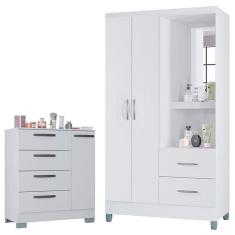 Imagem de Cômoda 868 4 Gavetas e 1 Porta com Guarda Roupa Solteiro Córdoba 2 Portas Branco Brilho - Poquema