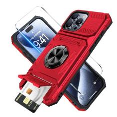 Imagem de Benbenjaytek Capa carteira para iPhone 15 Pro com suporte para cartão + 1 protetor de tela, (2 cartões) e suporte de anel de 360°, capa resistente à prova de choque de grau militar para iPhone 15 Pro
