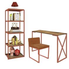 Imagem de Kit Escritório Bex 1 Cadeira Suede Terracota com 1 Mesa e 1 Livreiro Ferro Bronze MDF Caramelo - Ahazzo Móveis