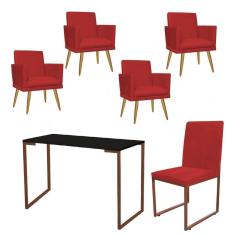 Imagem de Kit Escritório Stan 4 Poltronas Rodapé com Cadeira e Mesa Industrial Preto Bronze Corino Vermelho - Ahz Móveis