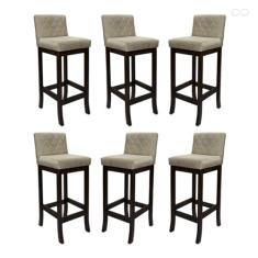 Imagem de Kit 6 Banquetas Alta com Encosto Matelassê Tóquio Madeira Maciça Suede Bege CCS