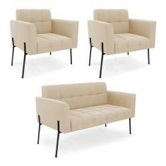 Imagem de Sofá Namoradeira E 2 Poltronas Pé De Ferro Preto Elisa Suede Bege D03 - D'rossi