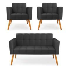 Imagem de Kit 1 Sofá Namoradeira E 2 Poltronas Elisa Corino Preto Pés Palito Castanho - D`rossi