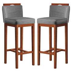 Imagem de Kit 2 Banquetas Média Estofadas com Encosto 38x92 Cm Líbia Madeira Maciça Suede Cinza CCS