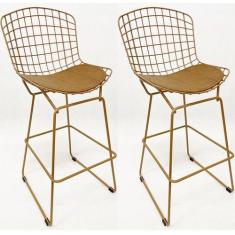 Imagem de Kit 2 Banquetas para Cozinha média Bertoia maciça cor Dourado fosco as