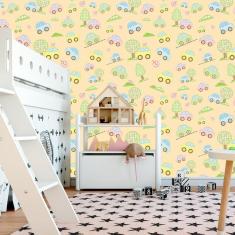 Imagem de Papel De Parede Adesivo Laranja Com Carro E Arvore Infantil