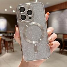 Imagem de Com protetor de lente capa de telefone galvanizada para iPhone 15 14 11 12 13 Pro Max para carga sem fio capa com glitter, prata, para iPhone 14 Pro