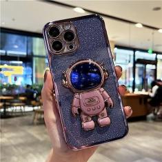 Imagem de Capa de telefone com suporte de astronauta com brilho e chapeamento para iPhone 11 12 13 Mini 14 15 Pro Max X XR XS Capa de suporte em 7 8 Plus, roxo claro, para 7 Plus 8 Plus