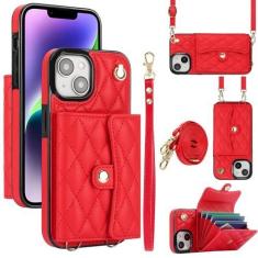 Imagem de Capa carteira para iPhone 13 com 4 pontos de cartão, capa de couro transversal com bloqueio de RFID, capa de telefone com suporte de fivela magnética, alça de pulso à prova de choque para