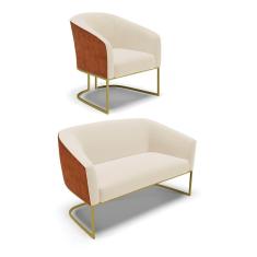 Imagem de Namoradeira e Poltrona Industrial Dourado Stella Noz/Linho Bege D03 - D`Rossi