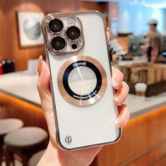 Imagem de Capa de telefone ultrafina magnética sem moldura revestida para iPhone 14 Pro Max 13 12 Pro Max Buraco transparente Hard PC Bumper, rosa, para iPhone 14 Pro