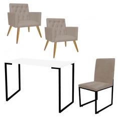 Imagem de Kit Escritório Stan 2 Poltronas Capitonê com Cadeira e Mesa Industrial Branco Preto Suede Bege - Ahz Móveis