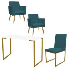 Imagem de Kit Escritório Stan 2 Poltronas Rodapé com Cadeira e Mesa Industrial Branco Dourado Suede Azul Turquesa - Ahz Móveis