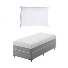 Imagem de Cama Box Solteirão com Colchão Sublime Mola Ensacada e Espuma Viscoelástica (32x96x203) Cinza e Branco com Travesseiro Guldi Soft Nasa Branco