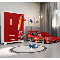 Imagem de Conjunto Quarto Infantil Carros - Cama Solteiro Proteção Lateral Colchão e Roupeiro Mdf - Vermelho