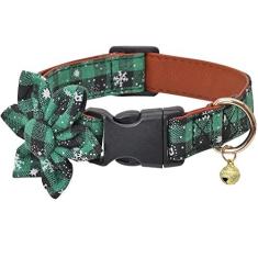 Imagem de Coleira de Natal para cães floco de neve xadrez clássico ajustável com flores e sinos fofos