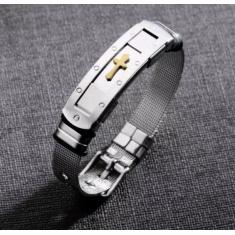 Imagem de Pulseira Masculina Bracelete Aço Cruz Dourada Trabalhada