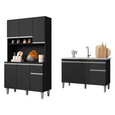 Imagem de Balcão Analu 3 Portas + Kit Mara 105cm 6 Portas 1 Gaveta Preto - Bela Móveis