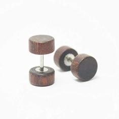 Imagem de Brinco Masculino Falso Alargador de Madeira e Aço Verniz 8 mm - PAR