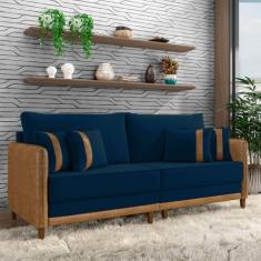 Imagem de Sofá Living Montecarlo 3 Lugares Bipartido 232cm Pés em Madeira Veludo/PU Azul/Caramelo G33 - Gran Belo