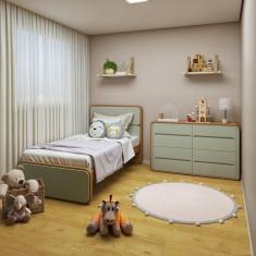 Imagem de Quarto Infantil Com Cama Solteiro Loop Tecido Boucle E Cômoda 8 Gavetas 152X48x96cm Loop Amendoa Clean/Salvia