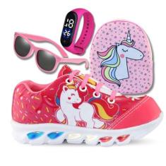 Imagem de Genérico, tenis de led infantil feminino unicornio com luzinha meninas mochila com relogio e oculos Cor:Preto;Tamanho:32;Gênero:Fe