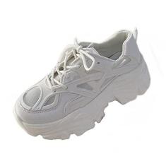 Imagem de Julymens Tênis feminino plataforma grosso com cadarço moderno salto cunha preto, Branco, 37