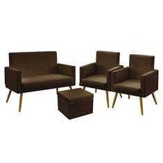 Imagem de Kit Poltrona Namoradeira e 2 Poltronas Decorativas Estofada Sala De Estar Nina Rodapé Puff Quasar Sued Marrom Aradecor