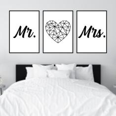 Imagem de Kit 3 Quadros Mr and Mrs Coração Geométrico 45x34cm