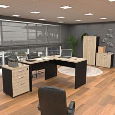 Imagem de Kit 4 Peças com Mesa para Escritório em L, Gaveteiro e 2 Armários - Ne