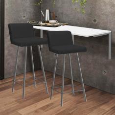 Imagem de Kit Mesa Suspensa de Parede Fixa MDF Branco + 2 Banquetas Lexi Ferro Cinza Sintético Preto - Ahazzo Móveis