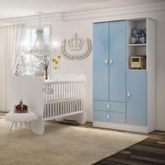 Imagem de Quarto de Bebê Completo Berço com Guarda Roupa 3 Portas 2 Gavetas 2 Nichos Algodão Doce Móveis Percasa Branco/Azul