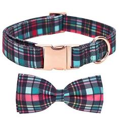 Imagem de Thankspaw Coleira de Natal para cães com gravata borboleta removível padrão xadrez clássico floco de neve coleiras macias para filhotes de cachorro duráveis para cães pequenos, médios e grandes
