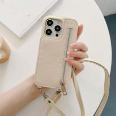 Imagem de Carteira com zíper espelho de maquiagem crossbody cordão capa de telefone para iPhone 14 Pro Max 13 12 11 XR XS 7 8 Plus capa de couro com bolso para cartão, bege, para iPhone 13