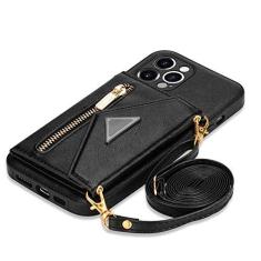 Imagem de Carteira com zíper para iPhone 13 12 Mini 11 X XR XS Pro Max 7 8 Plus Case com suporte para cartão alça de cordão Capa de couro transversal, preta, para iPhone 13 Mini