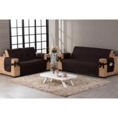 Imagem de protetor capa de sofá 2 e 3 lugares costurado com laço marrom escuro