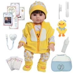 Imagem de Boneco Bebê Reborn Patinho Bolsa Itens Pelúcia 46cm Fofinho - Cegonha 