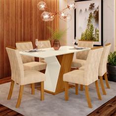 Conjunto de Mesa de Jantar com 6 Cadeiras Estofadas Maia I Veludo Off White  e Creme