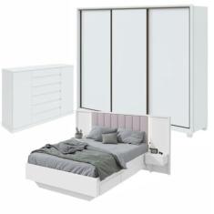 Imagem de Quarto com Guarda-roupa Casal 3 Portas 6 Gavetas, Cômoda 2 Portas 7 Gavetas e Cama Solaris Branco