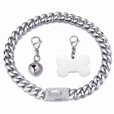 Imagem de RUMYPET Coleira de corrente de prata com elos cubanos com fivela de zircônia cúbica, etiqueta de identificação de cachorro e sino 15 mm/19 mm corrente de aço inoxidável forte de metal pesado coleira
