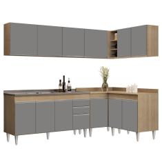 Imagem de Armário de Cozinha Modulado de Canto 6 Peças CP33 com Pia Inox Castanho/Cinza - Lumil