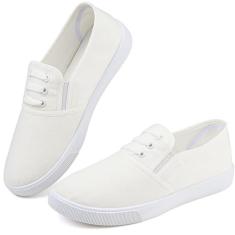 Imagem de Tênis feminino de lona branco leve com cadarço moderno confortável sapatos de lona cano baixo sem cadarço casual tênis caminhada calçados femininos, Sem cadarço branco, 35
