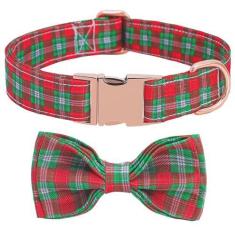 Imagem de Coleira de Natal para cães com gravata borboleta, estampa xadrez de Natal ajustável, coleira fofa com fivela de metal para presente de animal de estimação pequeno médio grande para cães e gatos (M