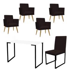 Imagem de Kit Escritório Stan 4 Poltronas Rodapé com Cadeira e Mesa Industrial Branco Preto Corino Marrom - Ahz Móveis