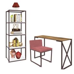 Imagem de Kit Escritório Bex 1 Cadeira Suede Rose com 1 Mesa e 1 Livreiro Ferro Marrom MDF Imbuia - Ahazzo Móveis
