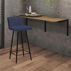 Imagem de Kit Mesa Suspensa de Parede Fixa mdf Caramelo + 1 Banqueta Lexi Ferro Preto Sintético Azul Marinho - Ahazzo Móveis
