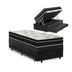 Imagem de Cama Box Baú E Auxiliar Solteiro Preta + Colchão Molas - Ortobom - Phy