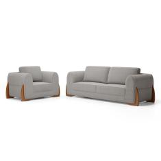 Imagem de Kit Poltrona E Sofá Bloom 200cm 03 Lugares Com Pés De Madeira Bouclê Cinza - Desk Design