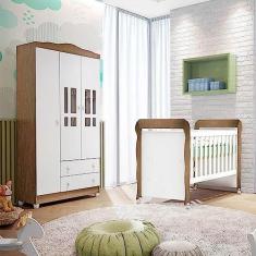 Imagem de Quarto de Bebê Ariel Berço Mini Cama Mirelle Guarda Roupa Infantil 3 Portas Branco Amadeirado Carolina Baby